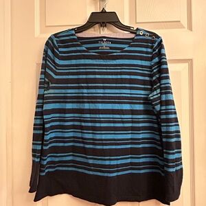 Talbots Teal and Black Striped Cotton Top